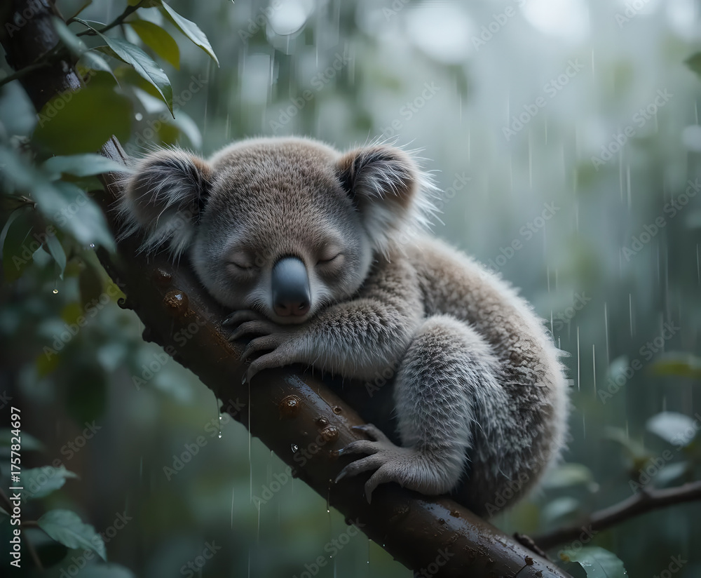 Fototapeta premium Peaceful Koala Napping in the Rain