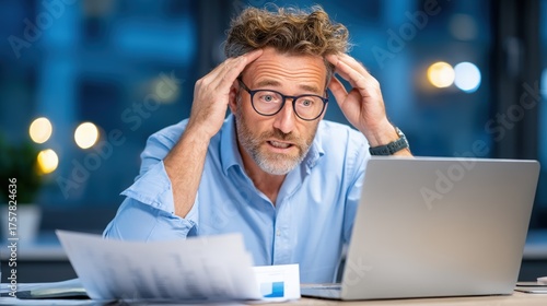 Confused Businessman with Pensive Look While Typing on Laptop