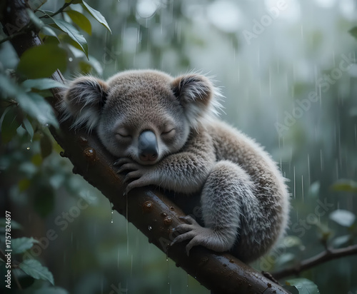 Peaceful Koala Napping in the Rain