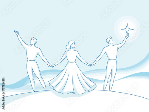 Three abstract figures holding hands symbolize unity and collaboration, conveying the importance of connection and shared goals in a harmonious setting.