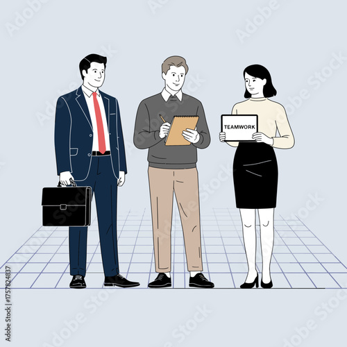 A trio of professionals stand together, one holding a sign reading 'TEAMWORK', emphasizing the importance of collaboration and synergy in business environments.