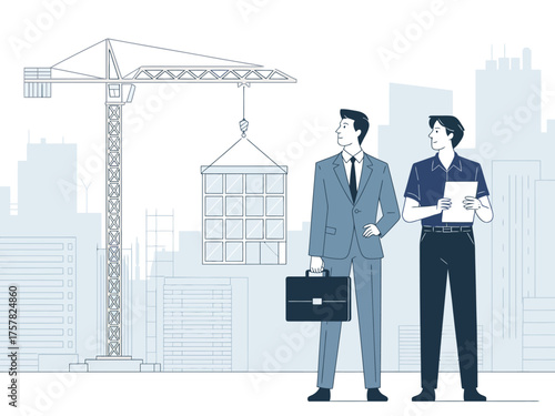 This image illustrates two professionals inspecting a construction site with a crane in the background, conveying themes of teamwork and project management in construction.