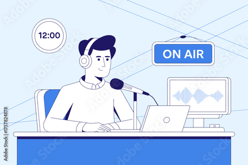 This illustration depicts a male radio host in a studio wearing headphones and speaking into a microphone while transmitting live, portraying the essence of communication and media.