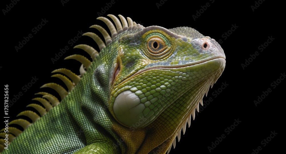 Fototapeta premium Close-up of a Green Reptiles Scaly Head and Crest Against a Black Background
