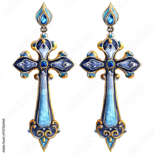 Cross Earrings, watercolor vector, isolated on a white background.