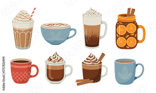 Assorted Hot and Cold Beverages Collection Including Pumpkin Coffee, Cacao, Apple Cider, Herbal Tea in Cups, Paper Mugs, and Glasses – Vector Illustration Set