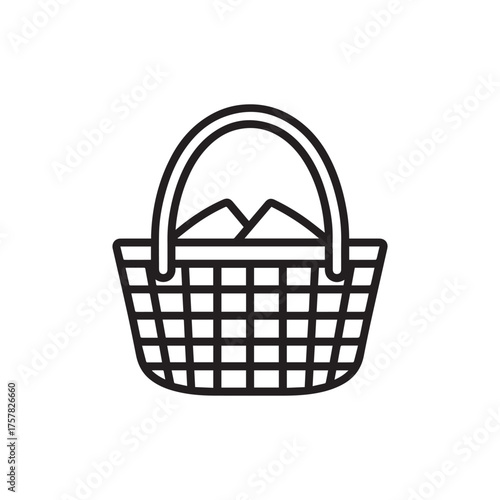A woven picnic basket contains some contents inside in black and white with white background
