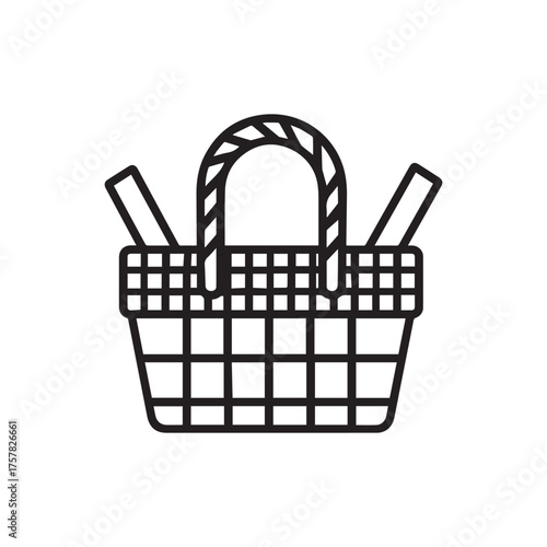 Black line art picnic basket features a textured handle on white background