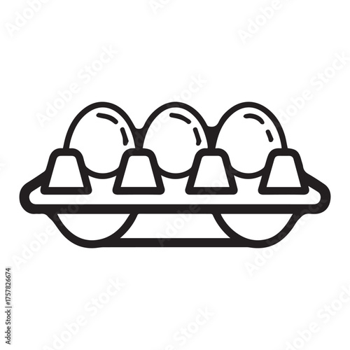 Black line shows three eggs resting in a cartoon egg carton on white background