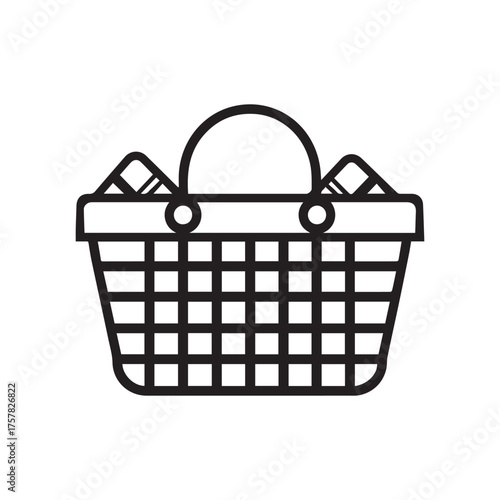 Simple black shopping basket icon with items inside on a white background
