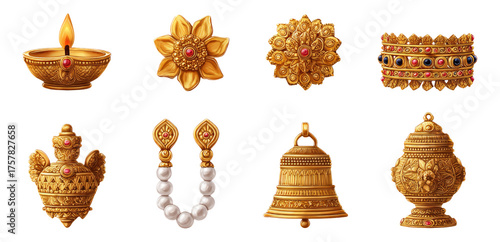 Elegant Indian Decorative Elements with Gold Accents and Gemstone Details