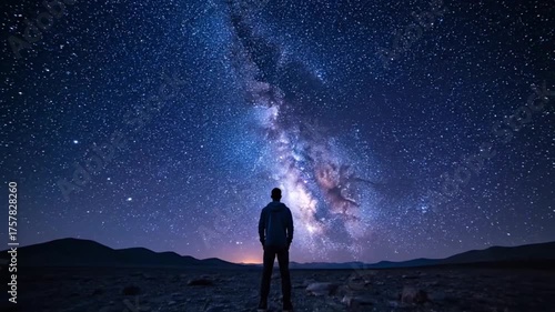 A lone figure stands in awe under the vast starfilled night sky gazing at the luminous Milky Way galaxy stretching across the heavens a moment of profound cosmic connection and wonder.