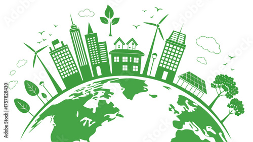 green planet with city skyline illustration isolated on white background. PNG Transparent file type with high definition quality And vibrant color grading Available.