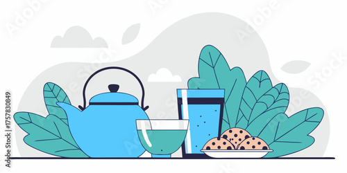 vector illustration of a glass of water sea, travel, landscape, vector, illustration, nature, house, art, mountain, coffee, cup, drink, summer, water, tea, sky