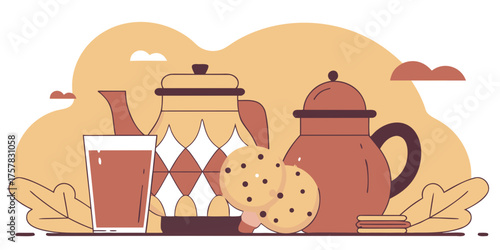 coffee and cookies tea, teapot, pot, breakfast, vintage, menu, mug, cake, art, cup, drink, kitchen, beverage, object, flower, design, cafe, illustration, coffee, vector, food, hot,