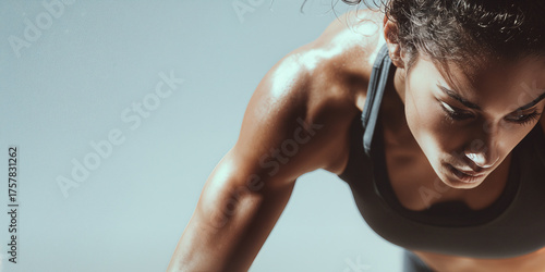 Workout, exercise closeup of a girl working out, negative space for copy, female, sweaty, fitness shot, bodybuilding, sculpting, weight lifting, cross fit, gym, training, minimalist, skin, body, woman