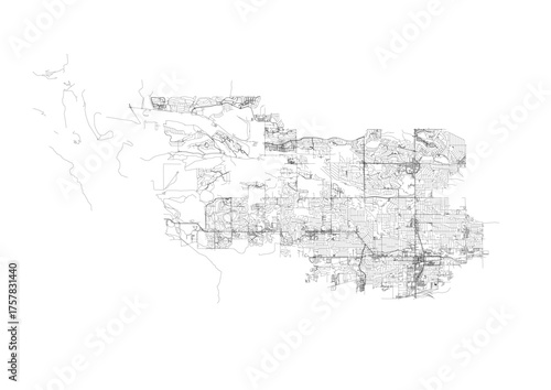 Minimalist monochrome map of Arvada showing highway & road networks with urban density — ideal for urban planning, design mockups, or geographic visualization.