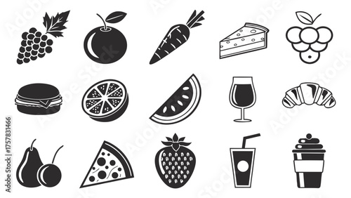 set of fruits and vegetables food, illustration, fish, collection, pizza, seamless, pattern, summer, icons, icon, set, vector, symbol, design, sea, restaurant,