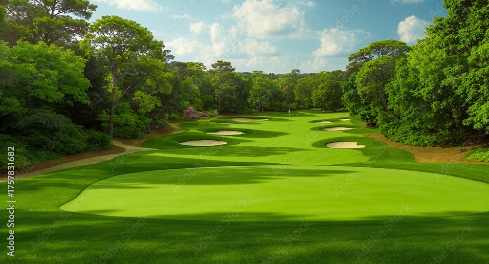 Fototapeta premium A Lush Green Golf Course with Sand Traps and Mature Trees on a Sunny Day