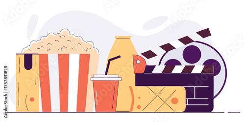 vector illustration of a restaurant menu popcorn, movie, cinema, cartoon, symbol, fun, entertainment, sweet, container, soda, icon, corn, food, vector, box, film, theater, design, meal, dessert, 