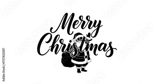 Festive black and white illustration features Santa Claus carrying a sack of gifts with the words Merry Christmas written above.
