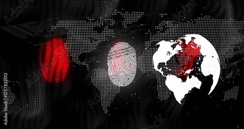 Glowing white fingerprint icon centering on interface, dotted map with red circle and globe icon