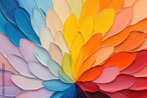 Close up of a vibrant color wheel made from petal-like brush strokes arranged in a rainbow spectrum, creating a bold, abstract floral pattern and dynamic gradient.