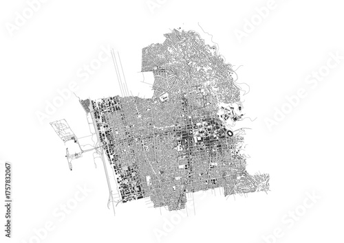 Monochrome map of Berkeley showing highways, roads, and building footprints — ideal for urban planning, architectural visualization, or geographic design projects.