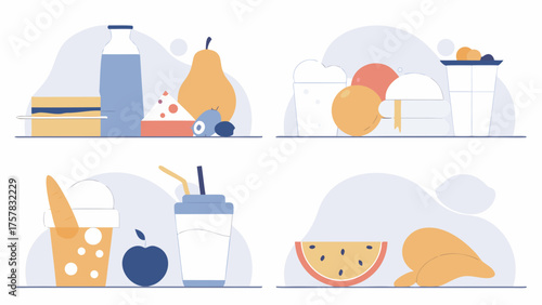 vector illustration of a set of images with a bottle of milk food, illustration, breakfast, jar, tea, sweet, cake, cooking, jam, drink, fruit, icon, vector, milk, kitchen, glass, juice, icons, egg, de