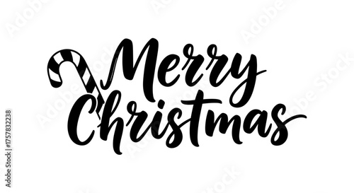 Elegant black calligraphic 'Merry Christmas' lettering with a charming candy cane accent, perfect for festive holiday greeting cards and seasonal decorations.