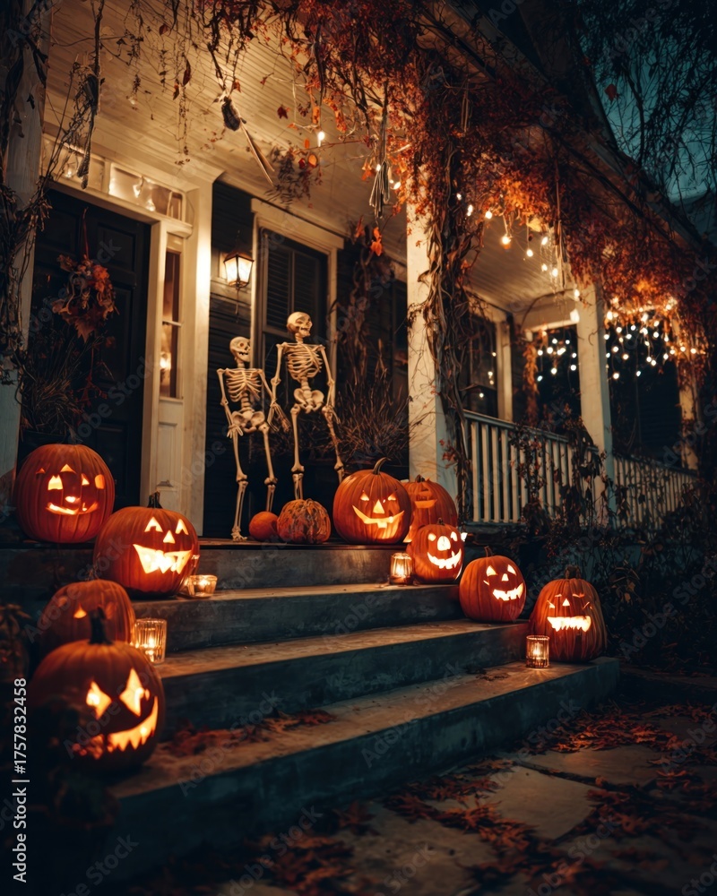 Obraz premium Halloween pumpkins glowing on porch at night with skeletons
