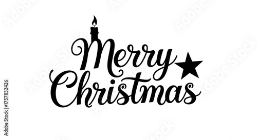 A beautifully crafted black and white 'Merry Christmas' typography design, featuring an elegant candle and a festive star, perfect for holiday greetings and seasonal decorations.