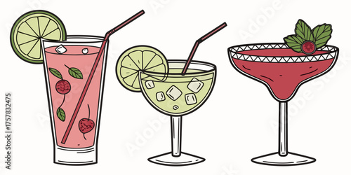 cocktail with ice and cherry cocktail, martini, beverage, lemon, food, cold, beach, cup, celebration, illustration, bar, glass, icon, drinks, olive, lime, cherry, juice, fruit, ice, party, vector,