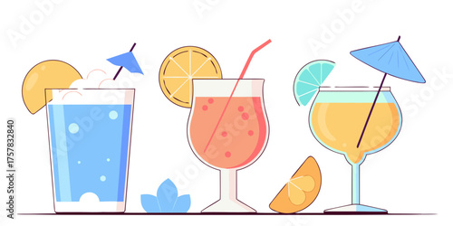 summer beach party flat illustration elements set cocktail, juice, martini, ice, fresh, food, strawberry, citrus, party, illustration, fruit, beverage, drink, glass, vector, orange, bar, wine, lime, d