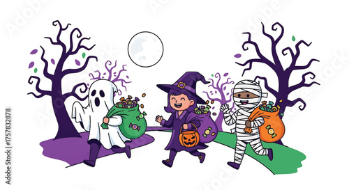 A cartoon illustration of Halloween characters, including a witch, mummy, ghost, and pumpkin, standing in a spooky landscape with bare trees and a