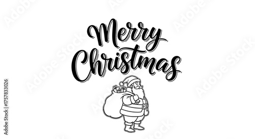Elegant 'Merry Christmas' script lettering and a classic Santa Claus with his sack are beautifully depicted in this black and white vector, perfect for festive designs.