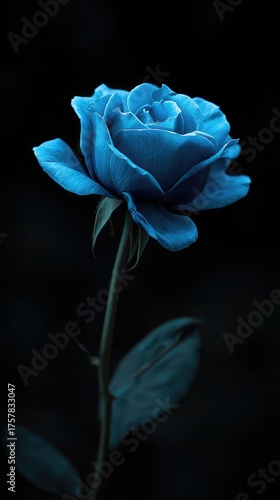 A single, vibrant blue rose stands elegantly against a stark black background, its petals softly illuminated, showcasing exquisite detail and a subtle reflection below