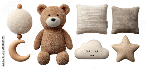 Cute Plush Bear with Decorative Cushions and Accessories on Isolated Background