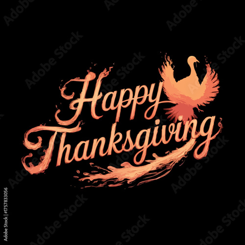 Happy thanksgiving text with a stylized phoenix bird illustration
