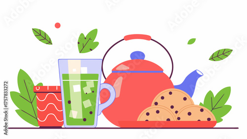 vector illustration of garden tools restaurant, art, kitchen, teapot, vector, food, illustration, tea, cup, coffee, milk, set, fruit, fresh, cafe, egg, cake, hot, glass, cartoon, pot, design,