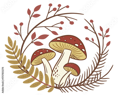 vector illustration of mushrooms green, vegetable, season, leaf, fungus, illustration, mushroom, nature, vector, grass, plant, poisonous, poison, design, red, agaric, tree, amanita, fungi, fantasy, fo