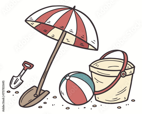 set of beach accessories coast, relaxation, sky, ocean, holiday, travel, umbrella, beach, parasol, water, ball, tropical, icon, cocktail, illustration, vector, relax, sun, summer, sea, vacation, 