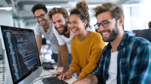 Diverse Team Collaborates on Web Development Project Using Computers