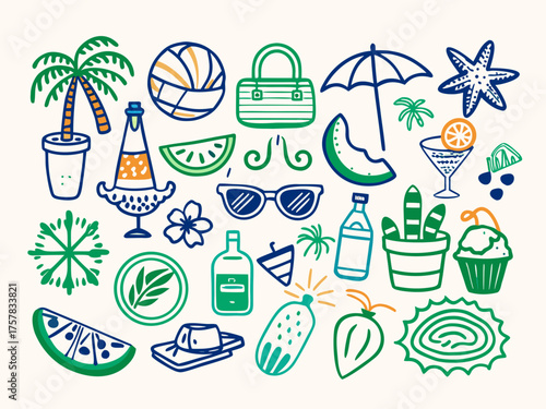 summer beach icons set art, doodle, fish, icons, illustration, set, icon, beach, food, sun, symbol, umbrella, ball, sand, design, drink, cartoon, travel, vector, summer, sea, pattern, 