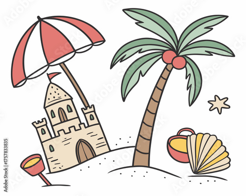 summer vacation vector illustration cartoon, paradise, sky, travel, umbrella, tree, beach, summer, vector, sun, water, holiday, resort, wave, nature, sand, illustration, island, sea, palm, tropical, o