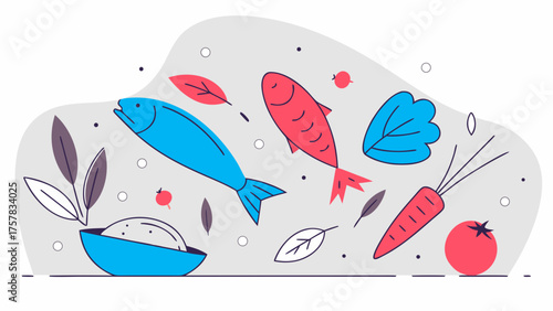 vector illustration of fishes flat illustration swim, swimming, art, underwater, icon, illustration, fish, sea, vector, water, animal, fishing, summer, symbol, boat, nature, wave, cartoon, design, mar