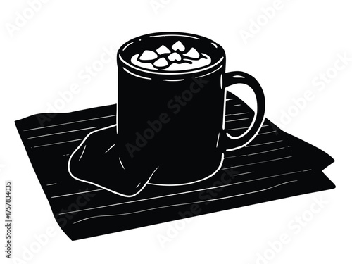 Vector art of black and white illustration of a cup of hot chocolate with marshmallows