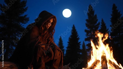 Woman by campfire under full moon in a forest at night.