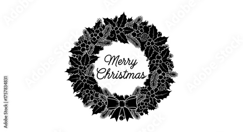 An elegant black and white Christmas wreath illustration, adorned with holly, berries, and a festive bow, beautifully framing 'Merry Christmas' for seasonal designs.