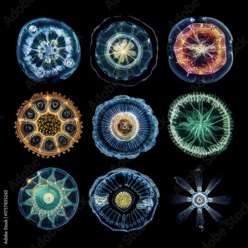 A close-up view of various colorful plankton species.